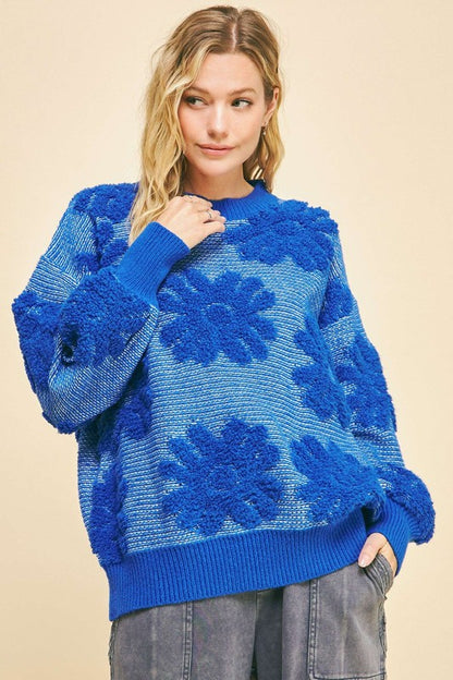 Davi & Dani Flower Texture Round Neck Dropped Shoulder Sweater