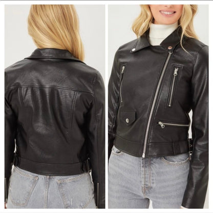 NEW Faux Leather Women’s Color SolidLong Sleeves Zip  Black Jacket Size …