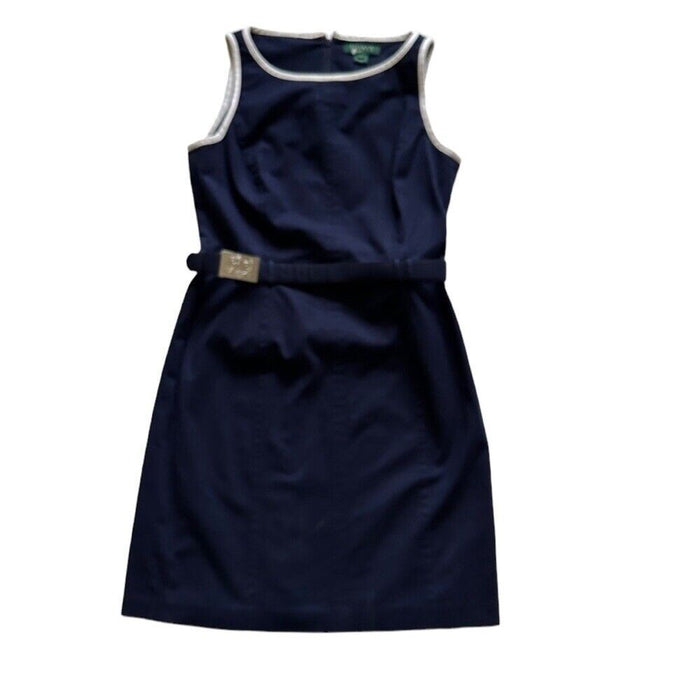 Pre owned Ralph Lauren Women’s Dresses Size 8 Navy Blue Boat Neck Sleeveless Belt Pullover